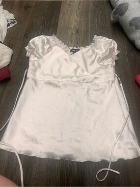 White Satin Puff Sleeve Wrap Blouse